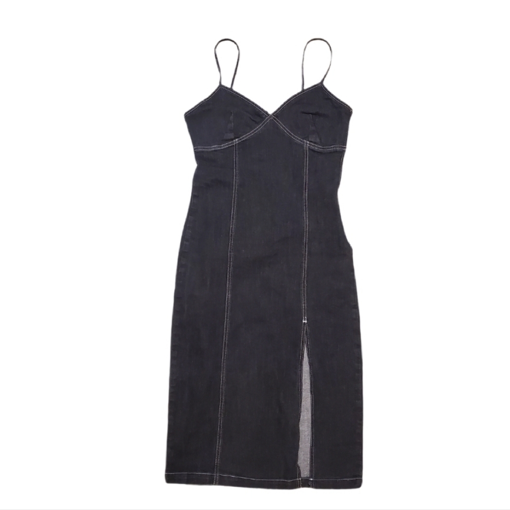 Topshop Women's Black Denim Midi Slit Front Jean Dress‎ Size 6 - Picture 2 of 9